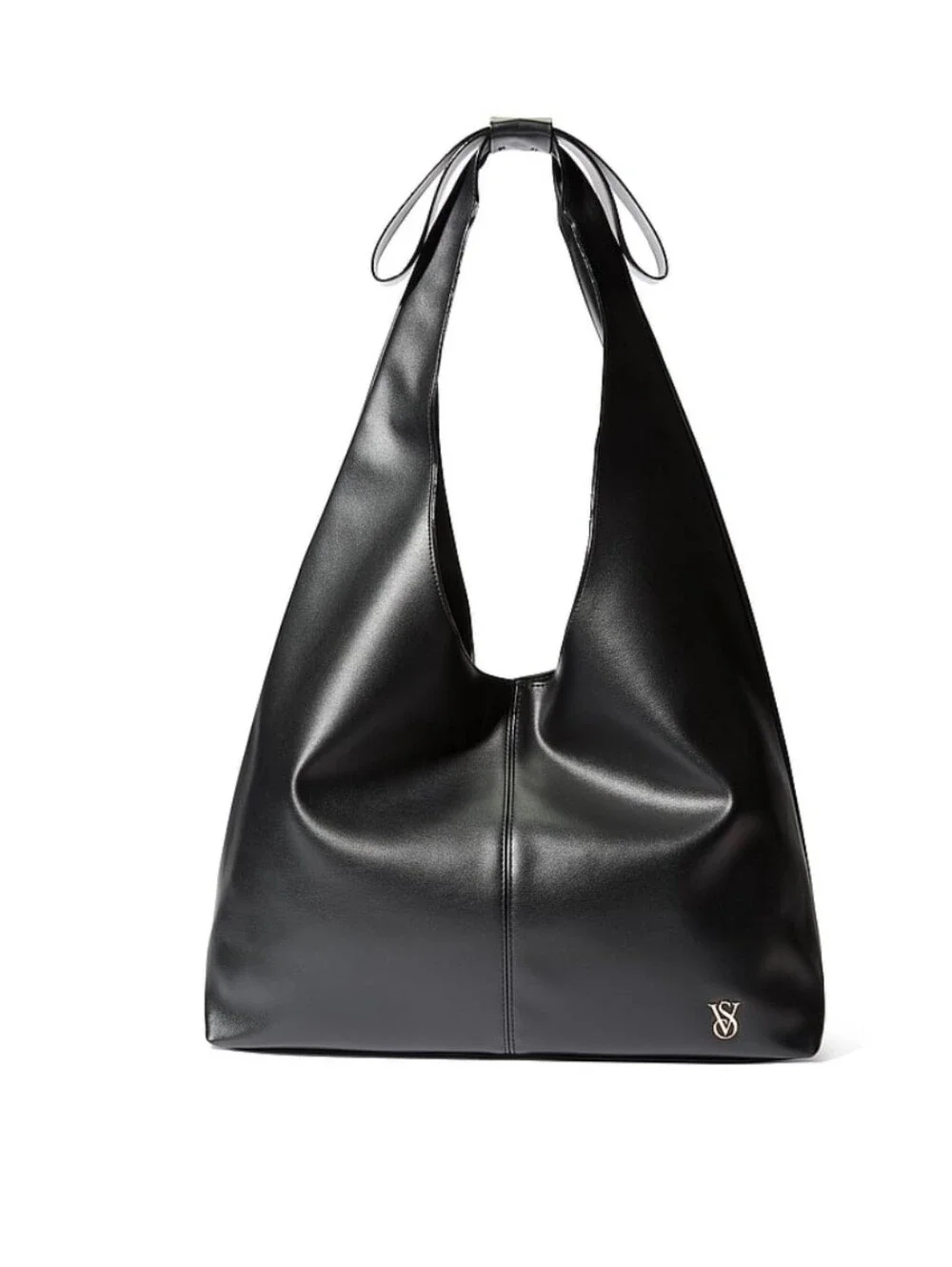 Victoria's Secret Black Leather Hobo Shoulder Bag with Metal Logo